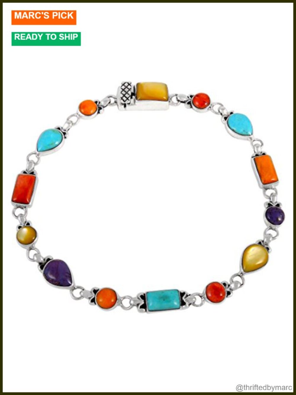 Sterling Silver Link Bracelet Genuine Turquoise & Gemstones 1/4" Wide